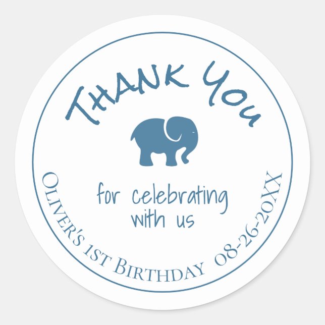 Blue Elephant 1st Birthday Thank You Classic Round Sticker (Front)