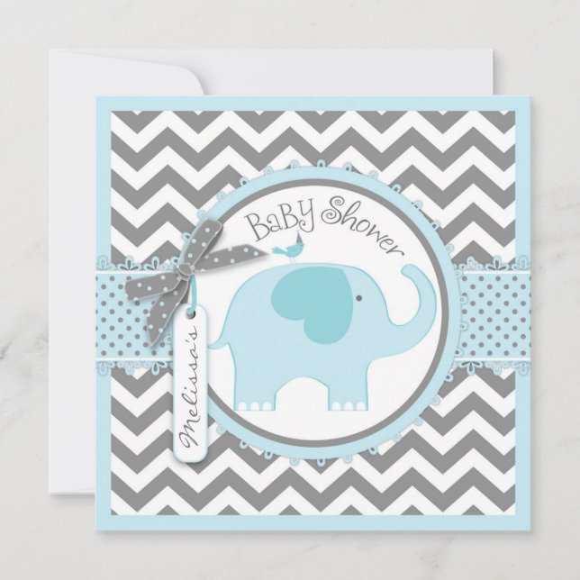 Blue Elephant and Chevron Print Baby Shower Invitation (Front)