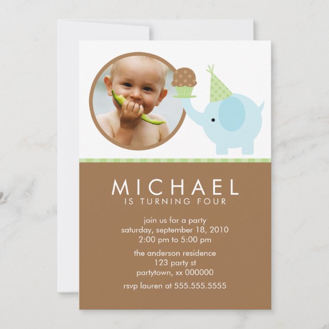 Blue Elephant and Cupcake Birthday Invitation (Front)