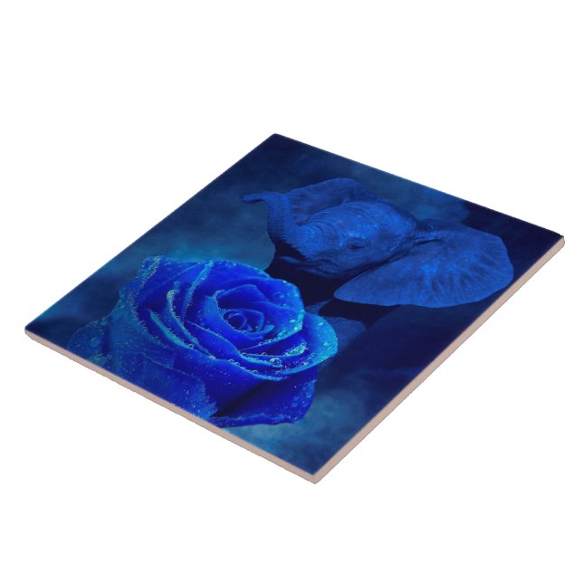 Blue Elephant and Rose Ceramic Tile (Side)