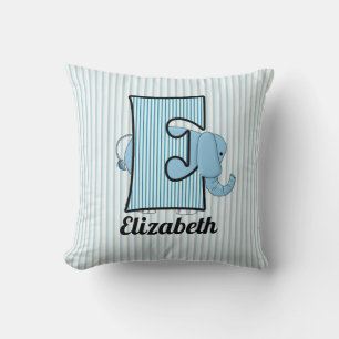 Blue Elephant and Stripes Letter E Kids Cushion