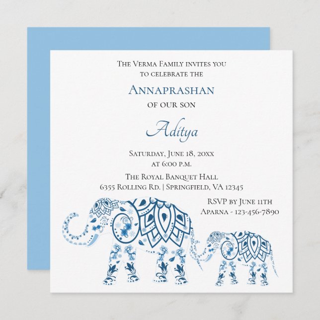 Blue Elephant Annaprashan | First Rice Invitation (Front/Back)