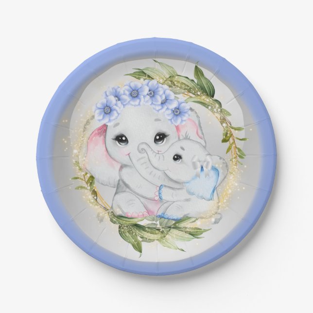 Blue elephant baby boy birth eucalyptus frame  paper plate (Front)