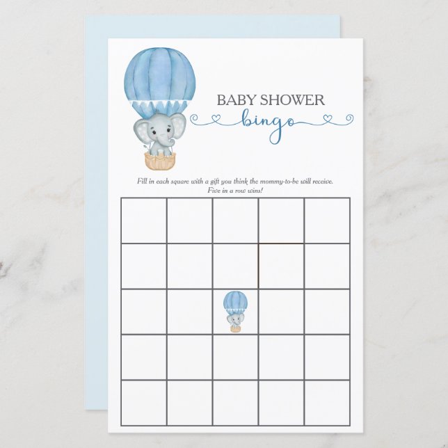 Blue Elephant Baby Boy Shower Bingo Game (Front/Back)