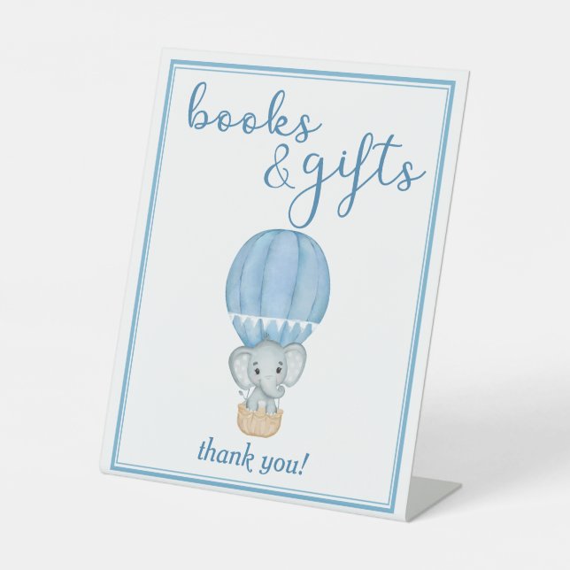 Blue Elephant Baby Boy Shower Books and Gifts Pedestal Sign (Front)