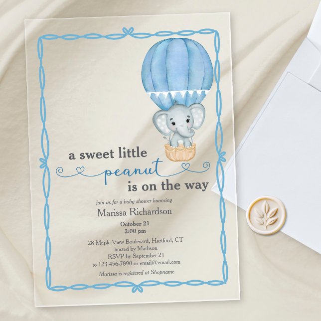 Blue Elephant Baby Boy Shower Invitation (cute elegant blue elephant sweet little peanut baby boy shower acrylic invitation)