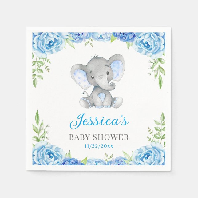 Blue Elephant Baby Boy Shower Little Peanut Party Napkin (Front)