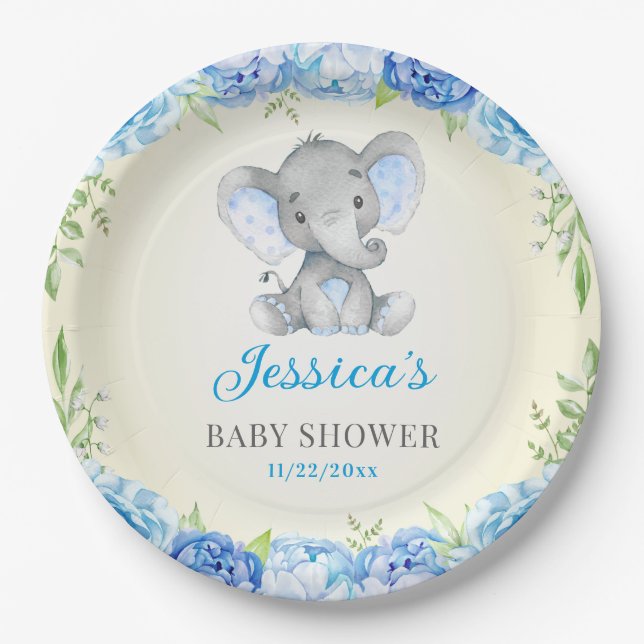 Blue Elephant Baby Boy Shower Little Peanut Party Paper Plate (Front)