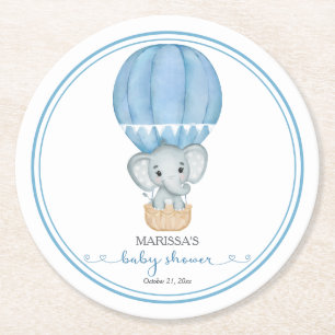 Blue Elephant Baby Boy Shower Round Paper Coaster
