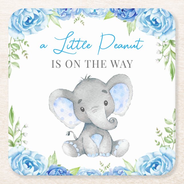 Blue Elephant Baby Boy Shower Sprinkle Birthday Square Paper Coaster (Front)
