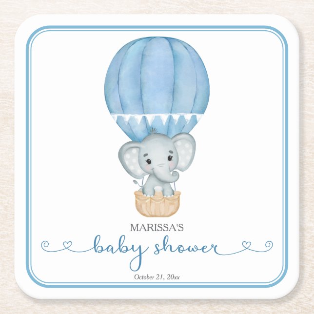 Blue Elephant Baby Boy Shower Square Paper Coaster (Front)