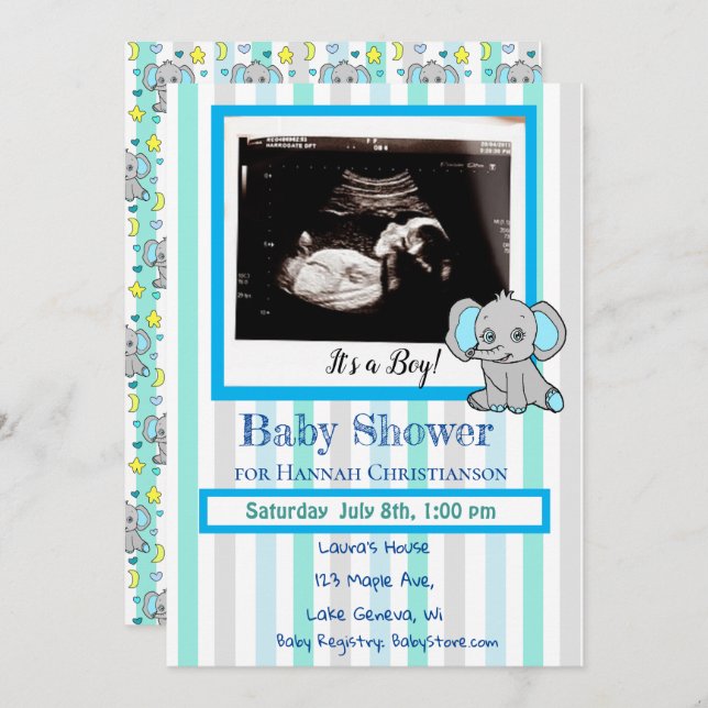 Blue Elephant Baby Boy Ultrasound Baby Shower Invitation (Front/Back)