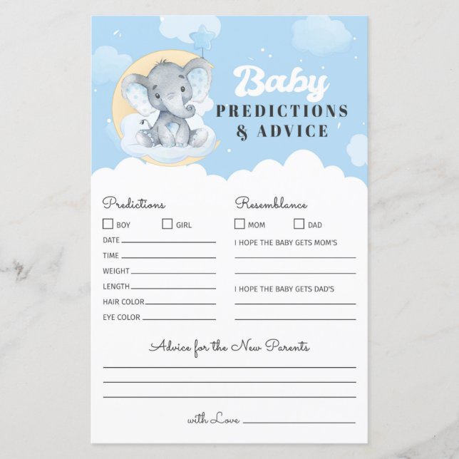 Blue Elephant Baby Prediction and Advice Game (Front)