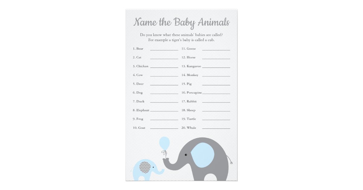 Blue Elephant Baby Shower Baby Animal Name Game Flyer | Zazzle