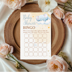 Blue Elephant Baby Shower Bingo Game Card Cloud 