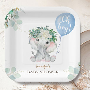 Blue Elephant Baby Shower Boy Paper Plate
