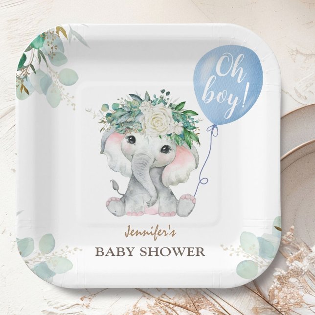 Blue Elephant Baby Shower Boy Paper Plate (Creator Uploaded)