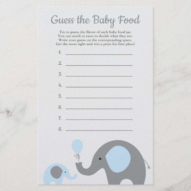 Blue Elephant Baby Shower Guess the Baby Food Game Flyer (Front)