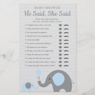 Blue Elephant Baby Shower He Said She Said Game Flyer