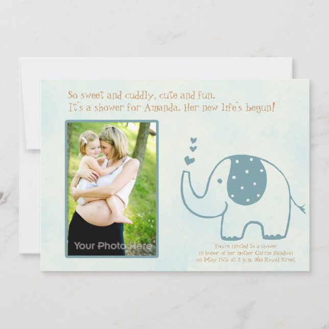 Blue elephant baby shower invitation (Front)