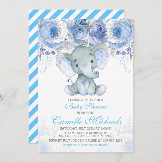 Blue Elephant Baby Shower invitation (Front/Back)
