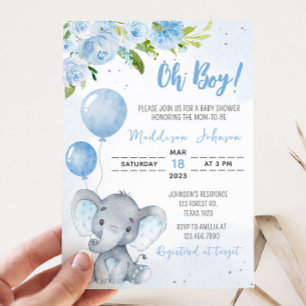 Blue Elephant Baby Shower  Invitation