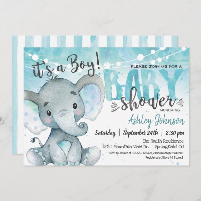 Blue Elephant Baby Shower Invitation, boy Invitation (Front/Back)