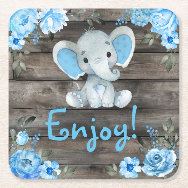 Blue Elephant Baby Shower invitation, rustic boy Square Paper Coaster (Front)