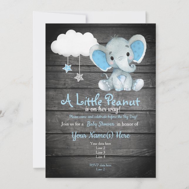Blue  Elephant Baby Shower invitation, rustic Invitation (Front)