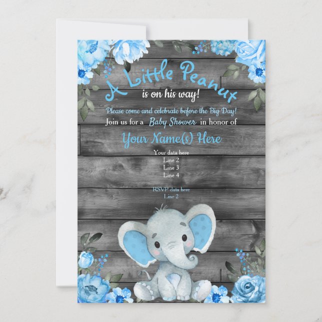 Blue Elephant Baby Shower invitation, rustic  Invitation (Front)