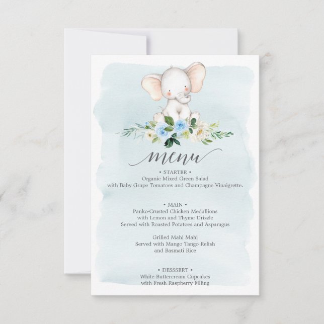 Blue Elephant Baby Shower Menu Invitation (Front)