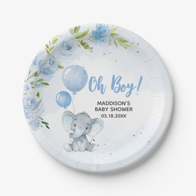 Blue Elephant Baby Shower Paper Plate (Front)