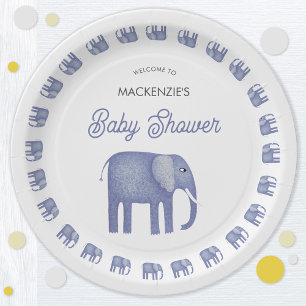 Blue Elephant Baby Shower Paper Plate