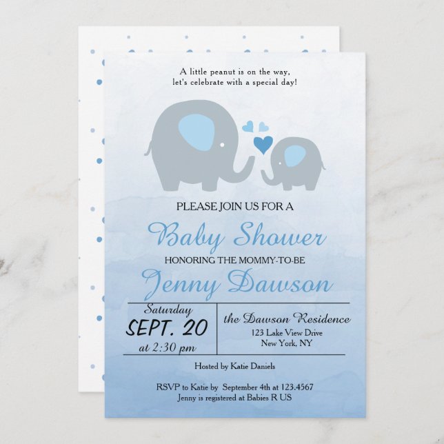 Blue Elephant Baby Shower Party Invitation (Front/Back)