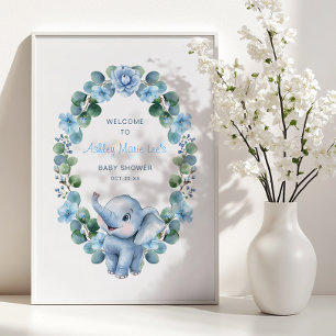 Blue Elephant Baby Shower Poster – Watercolor Flor