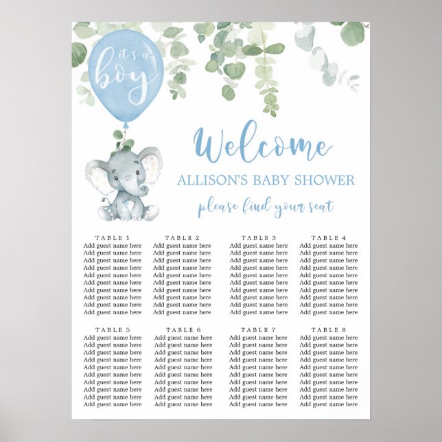 Blue elephant baby shower seating chart (Front)