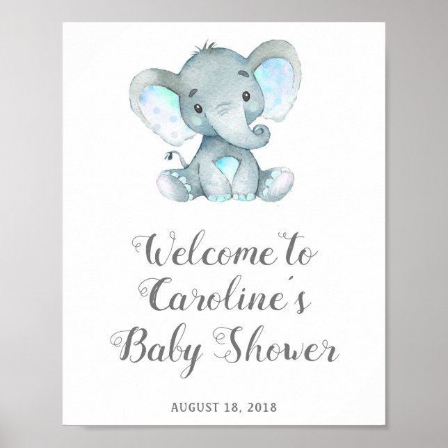 Blue Elephant Baby Shower Sign, Safari Baby Shower Poster (Front)