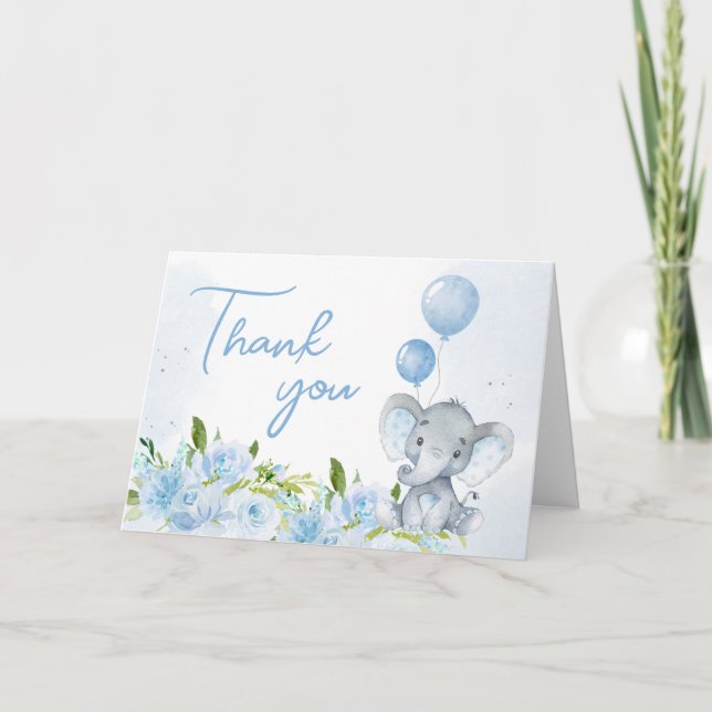 Blue Elephant Baby Shower  Thank You Card (Front)