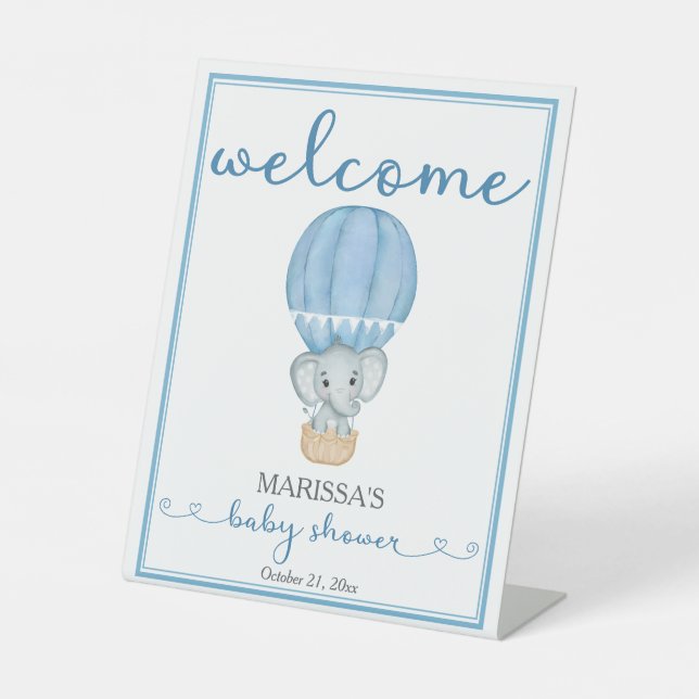 Blue Elephant Baby Shower Welcome Pedestal Sign (Front)