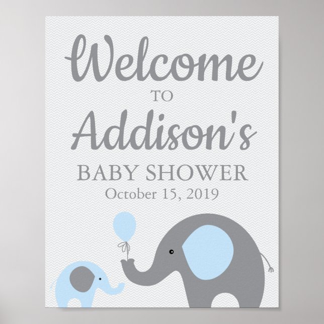 Blue Elephant Baby Shower Welcome Sign Poster (Front)
