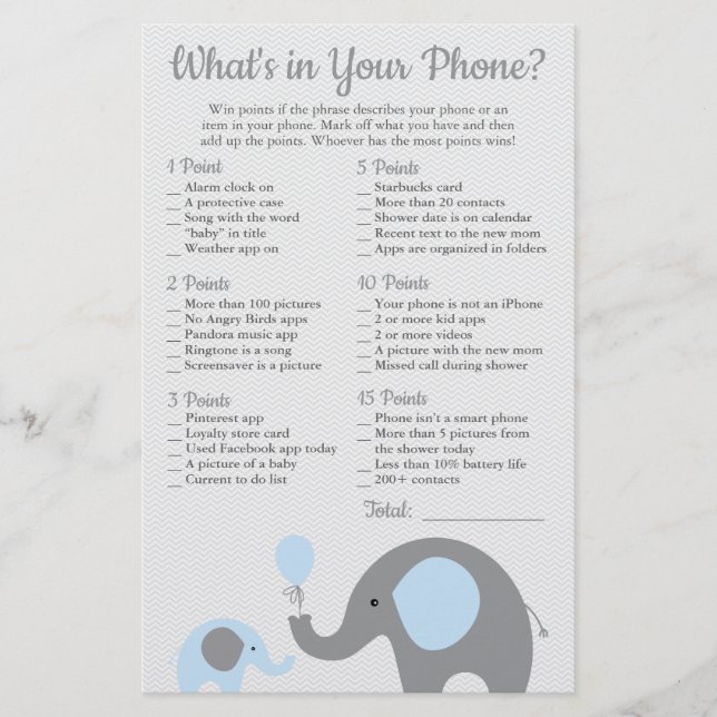 Blue Elephant Baby Shower What's in Your Phone (Front)