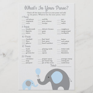 Blue Elephant Baby Shower What's in Your Purse Flyer