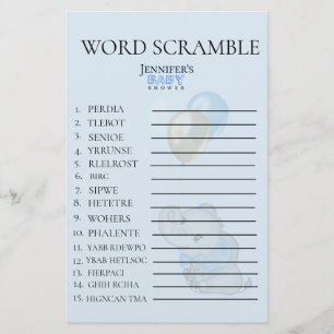 Blue Elephant Baby Shower Word Scramble