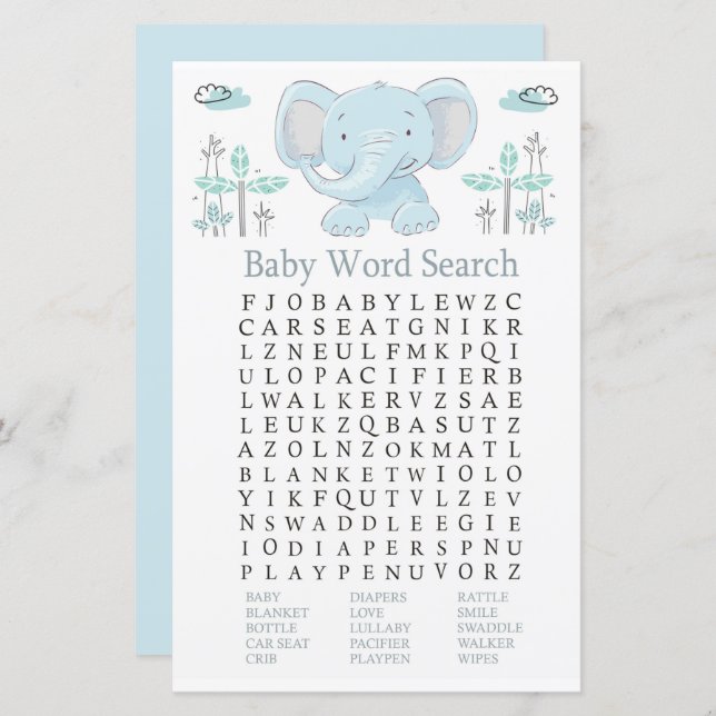 Blue elephant Baby Shower Word Search Game (Front/Back)