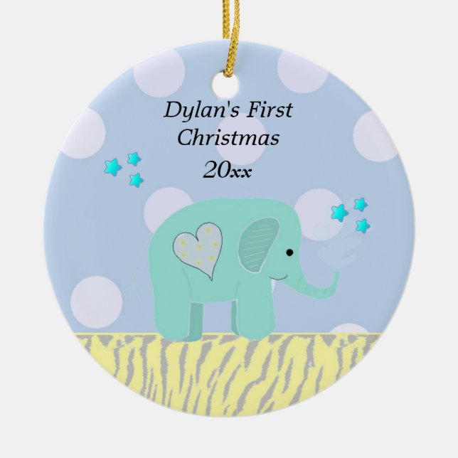 Blue Elephant Baby's First Christmas Ceramic Ornament (Front)