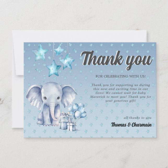 Blue Elephant & Balloon Baby Shower Thank You Card (Front)