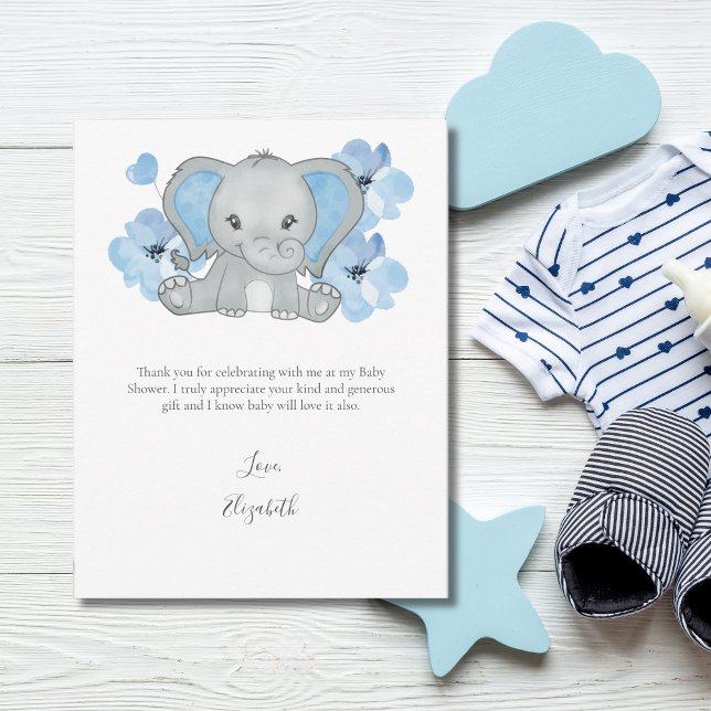Blue Elephant Balloon Flower Baby Boy Baby Shower  Thank You Card (Blue Elephant Baby Shower Thank you cards For Boy Baby Shower)