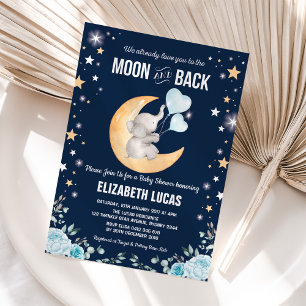 Blue Elephant Balloon Moon & Back Boy Baby Shower Invitation