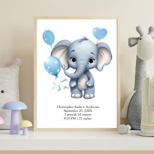 Blue Elephant Balloons Baby Birth Stats Nursery Poster