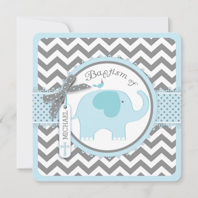 Blue Elephant Bird and Chevron Print Baptism Invitation (Front)